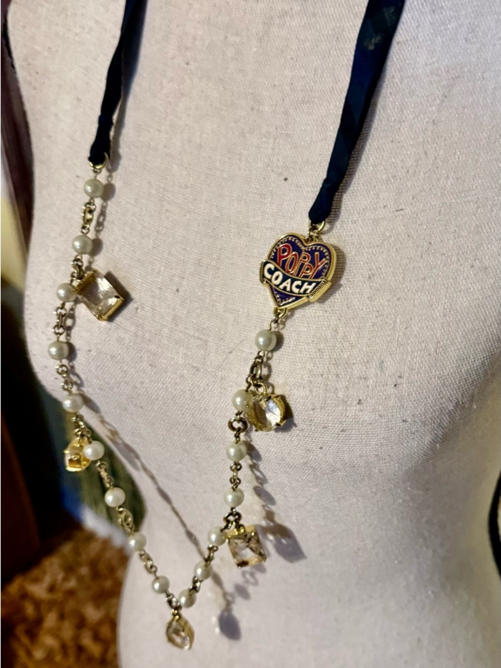 Coach Long Pearl and Crystal Necklace with Navy Ribbon